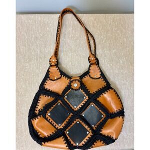 Vintage 70's Boho Patchwork Leather Crochet Shoulder Bag Studded Diamond Purse